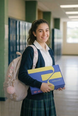 Teenage girl wearing a school uniform with a backpack and an Unbount box in her hands.